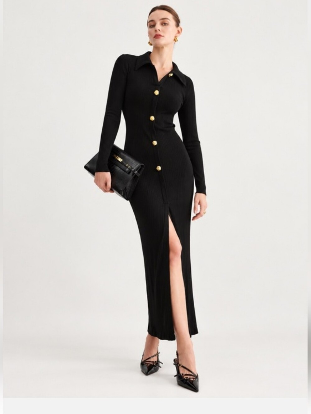 Commense Black Ribbed Long Skirt with Front Slit